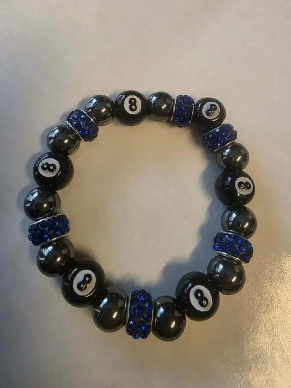 Handcrafted Hematite 8 Ball Billiards Blue Crystal Rondelle Bracelet